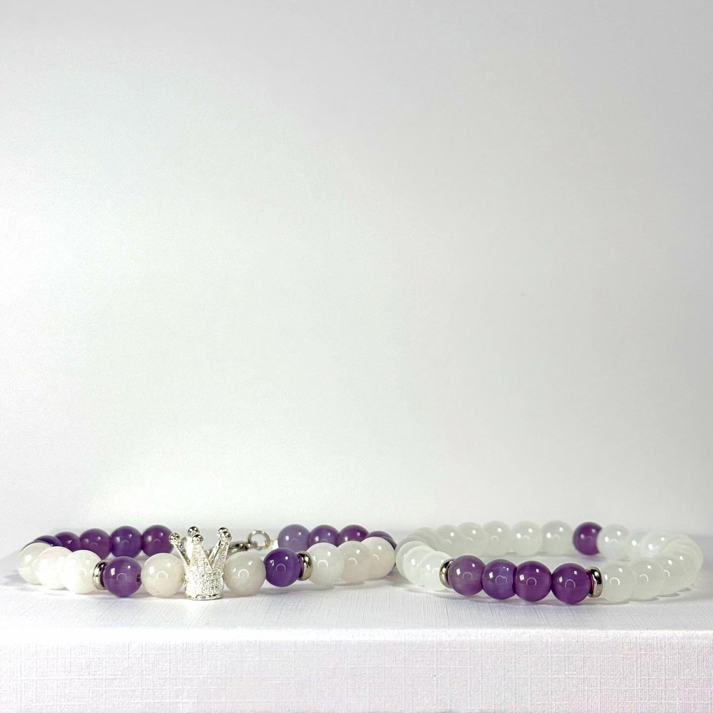 Prince White Jade Collection - Purple Cat Eye and Silver Bracelet Set