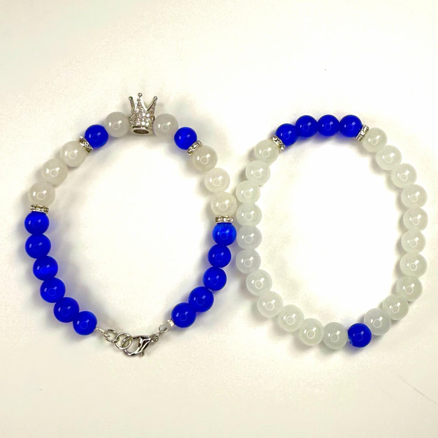 Prince White Jade Rhinestone Collection - Blue Cat Eye and Silver Bracelet Set