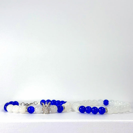 Prince White Jade Rhinestone Collection - Blue Cat Eye and Silver Bracelet Set