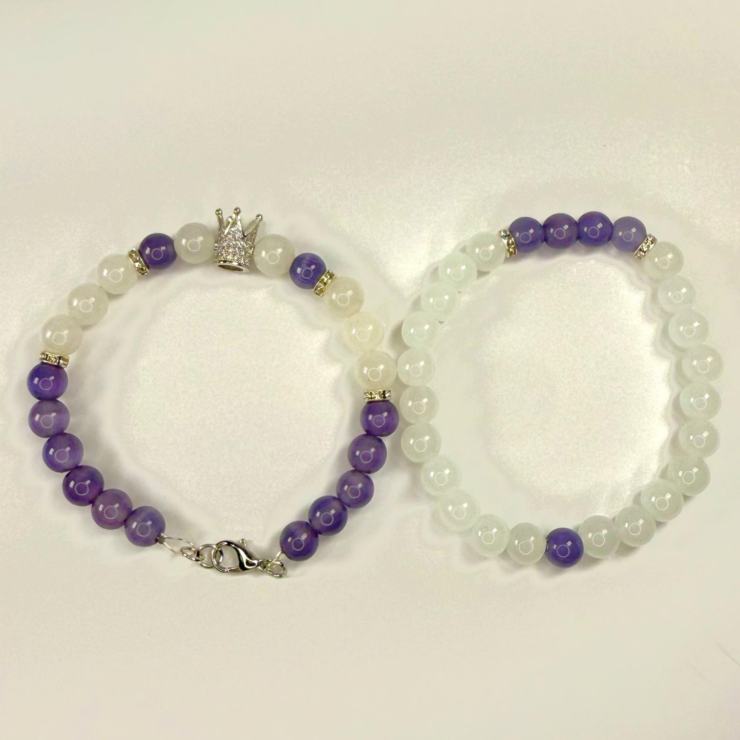 Prince White Jade Rhinestone Collection - Purple Cat Eye and Silver Bracelet Set