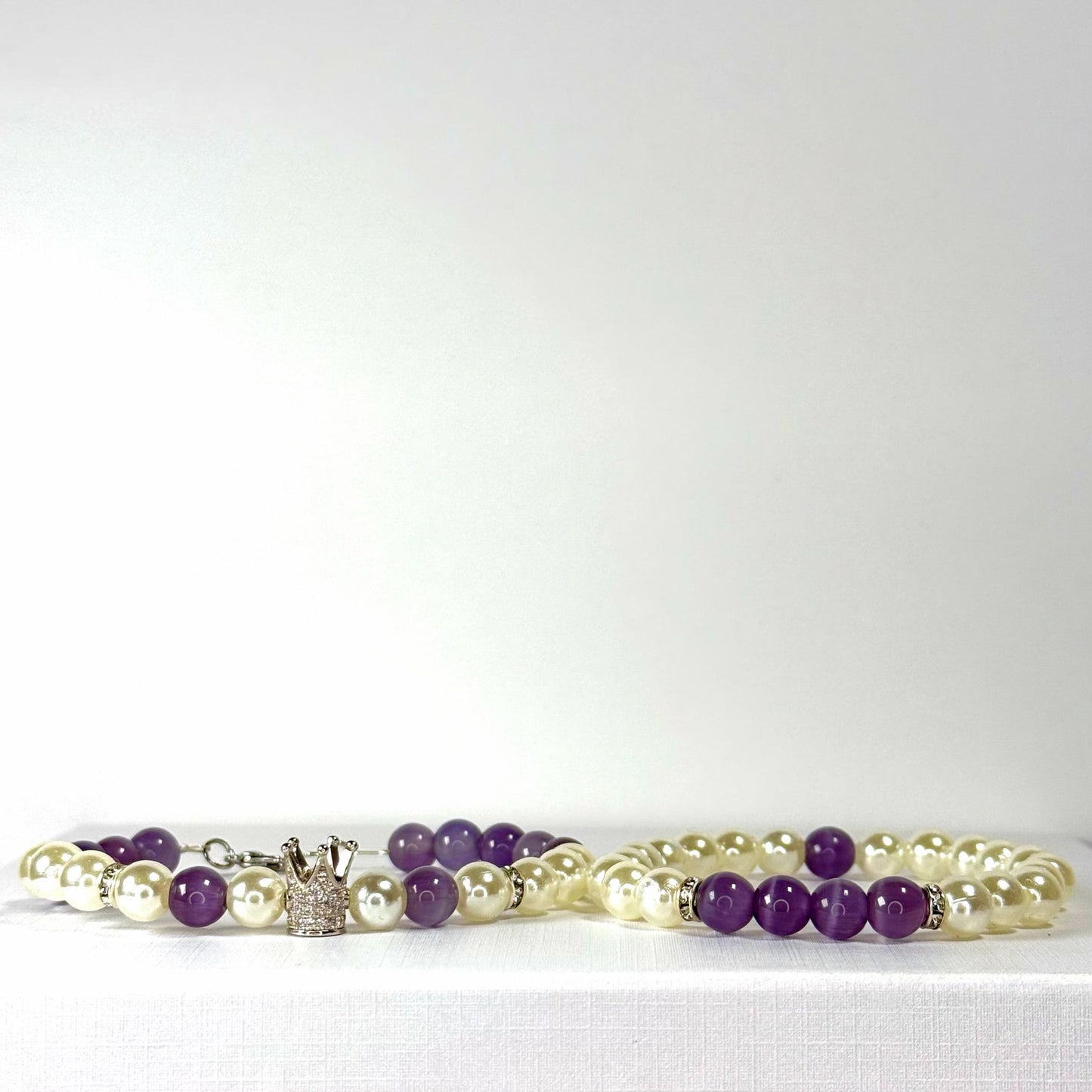 Princess Pearl Rhinestone Collection - Purple Cat Eye and Silver Bracelet Set