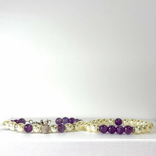 Princess Pearl Rhinestone Collection - Purple Cat Eye and Silver Bracelet Set