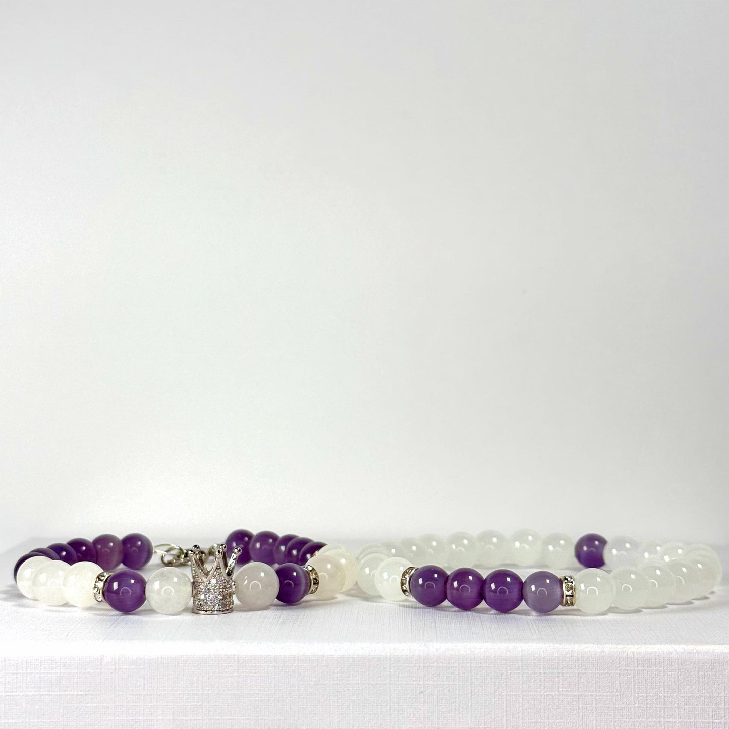 Prince White Jade Rhinestone Collection - Purple Cat Eye and Silver Bracelet Set
